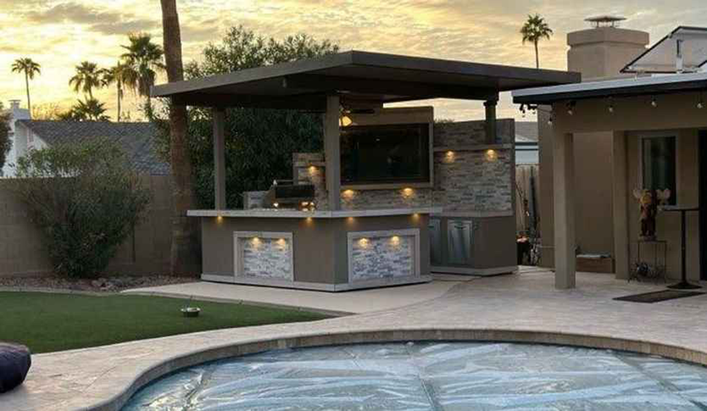 KoKoMo Bermuda Kitchen BBQ Island with Built-In TV, Fire Pit & Bar for Ultimate Outdoor Entertaining by Patio Elegance —…