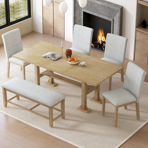 Artisanal 6-Piece Extendable Solid Wood Dining Set with Bench Seating by HouseOfZazla — product view 2