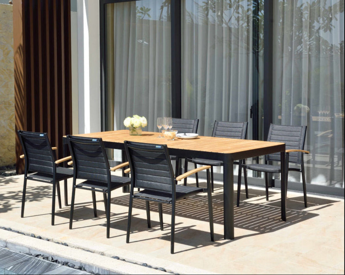 Portals Dark Lite FSC Teak Wood and Aluminum Rectangular Dining Set by LifestyleGarden US