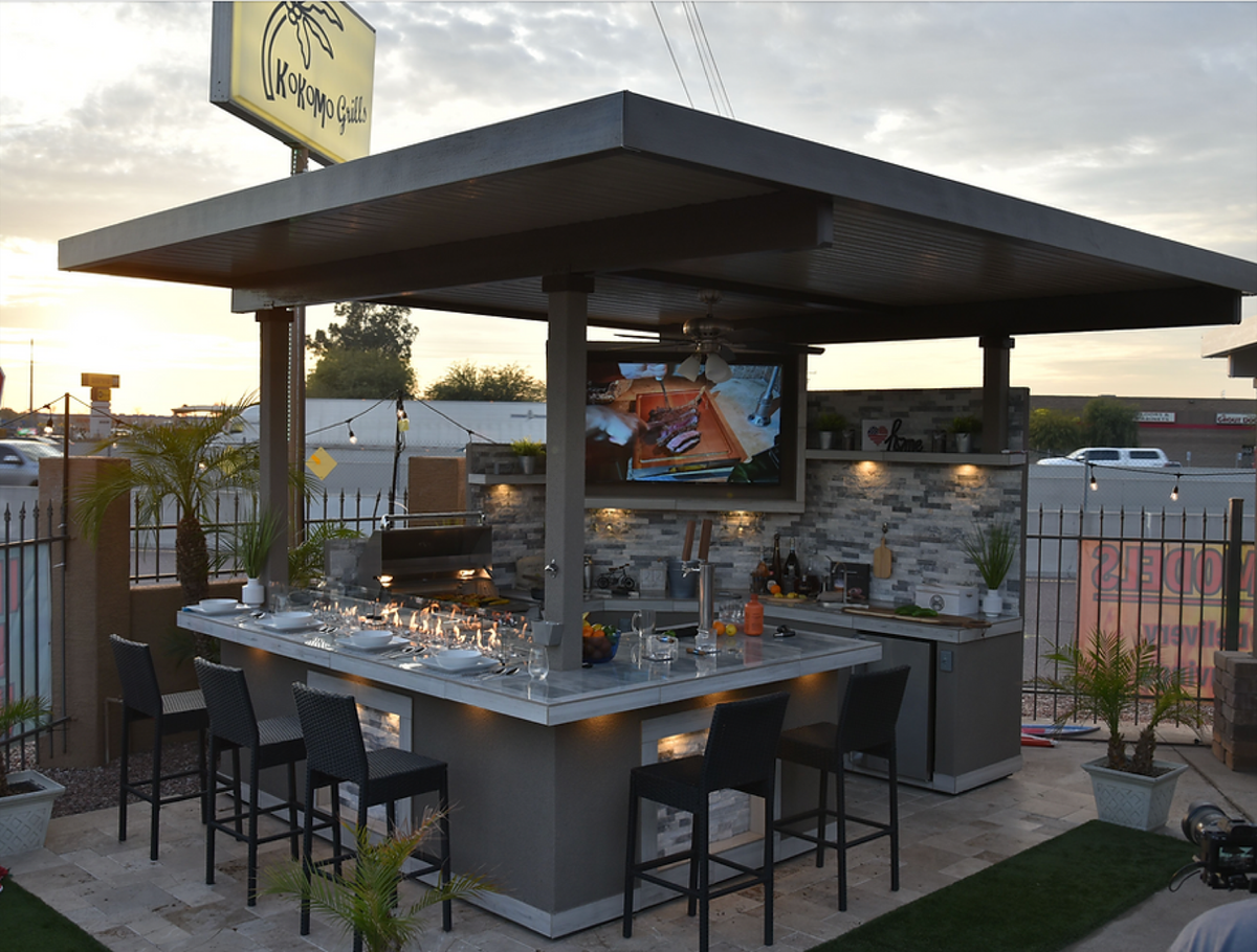 KoKoMo Bermuda Kitchen BBQ Island with Built-In TV, Fire Pit & Bar for Ultimate Outdoor Entertaining by Patio Elegance