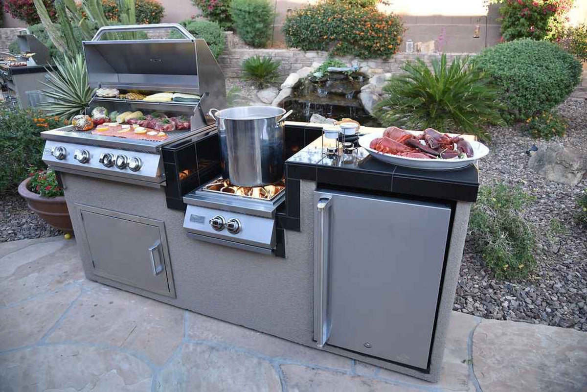 KoKoMo BBQ Island - 7'6" Outdoor Kitchen with 4-Burner Grill, Wok Burner & Refrigerator by Patio Elegance