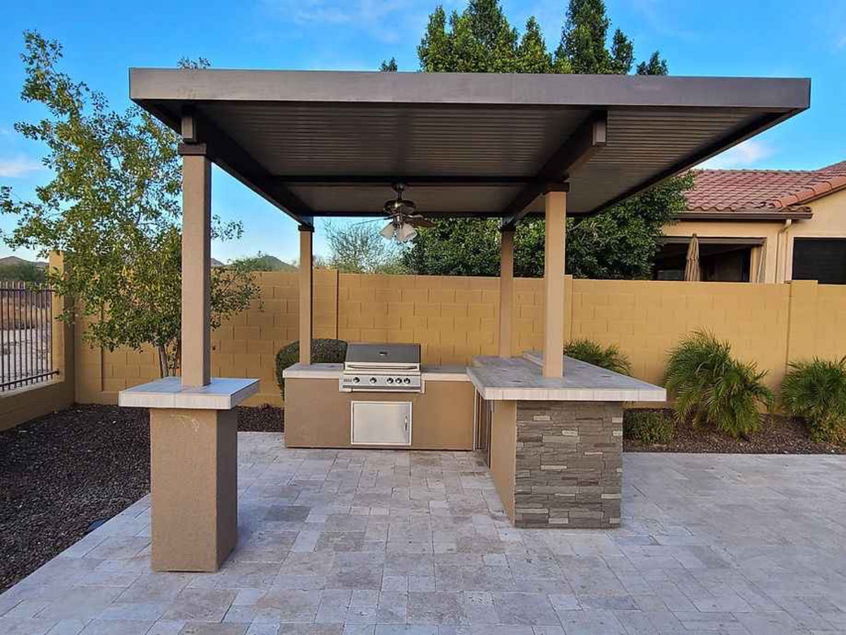 KoKoMo Outdoor Kitchen BBQ Island with 12' x 12' Pergola – Built-In 4-Burner Grill, Refrigerator, and Lighting by Patio…