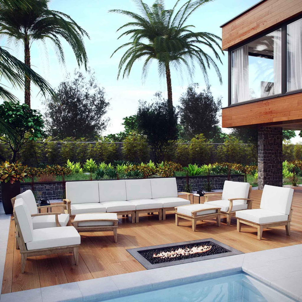 Modway Marina Outdoor Teak Patio Set with White Cushions – 10-Piece Collection by Patio Elegance