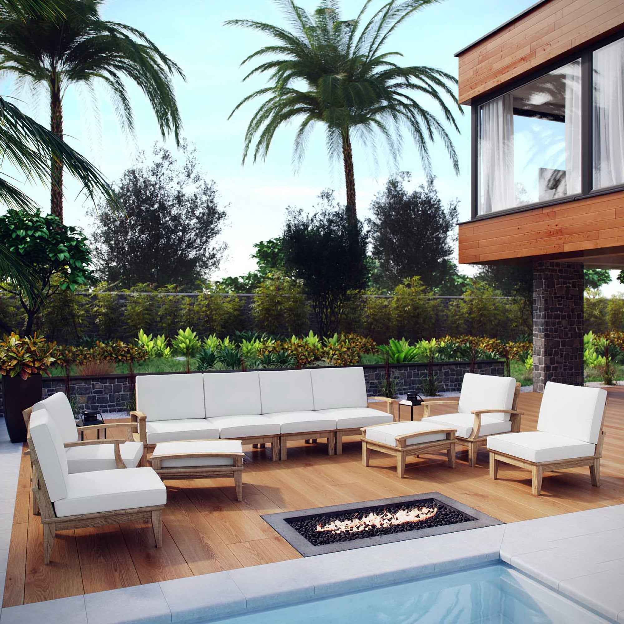 Modway Marina Outdoor Teak Patio Set with White Cushions – 10-Piece Collection by Patio Elegance