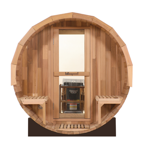 Blisspod, Prague, Canadian Red Cedar Outdoor Steam Barell Sauna, 2-4 / 4-6 persons with Full Glass Back & 2 front Porch…